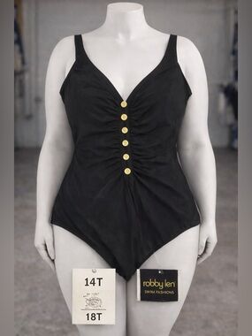 Robby Len Black One-Piece Swimsuit with Front Button Detail